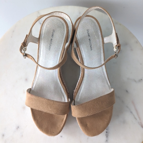 Stuart Weitzman Girls Tan Swinger Stitch Ankle Wrap Wedge Sandals - Picture 4 of 11